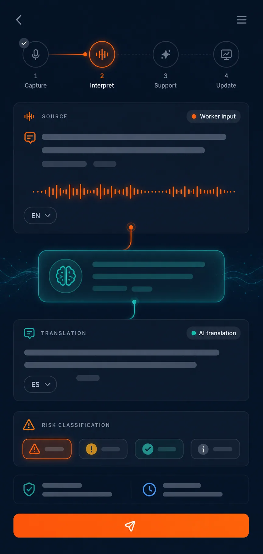 Korppi mobile app translation and AI interpretation screen