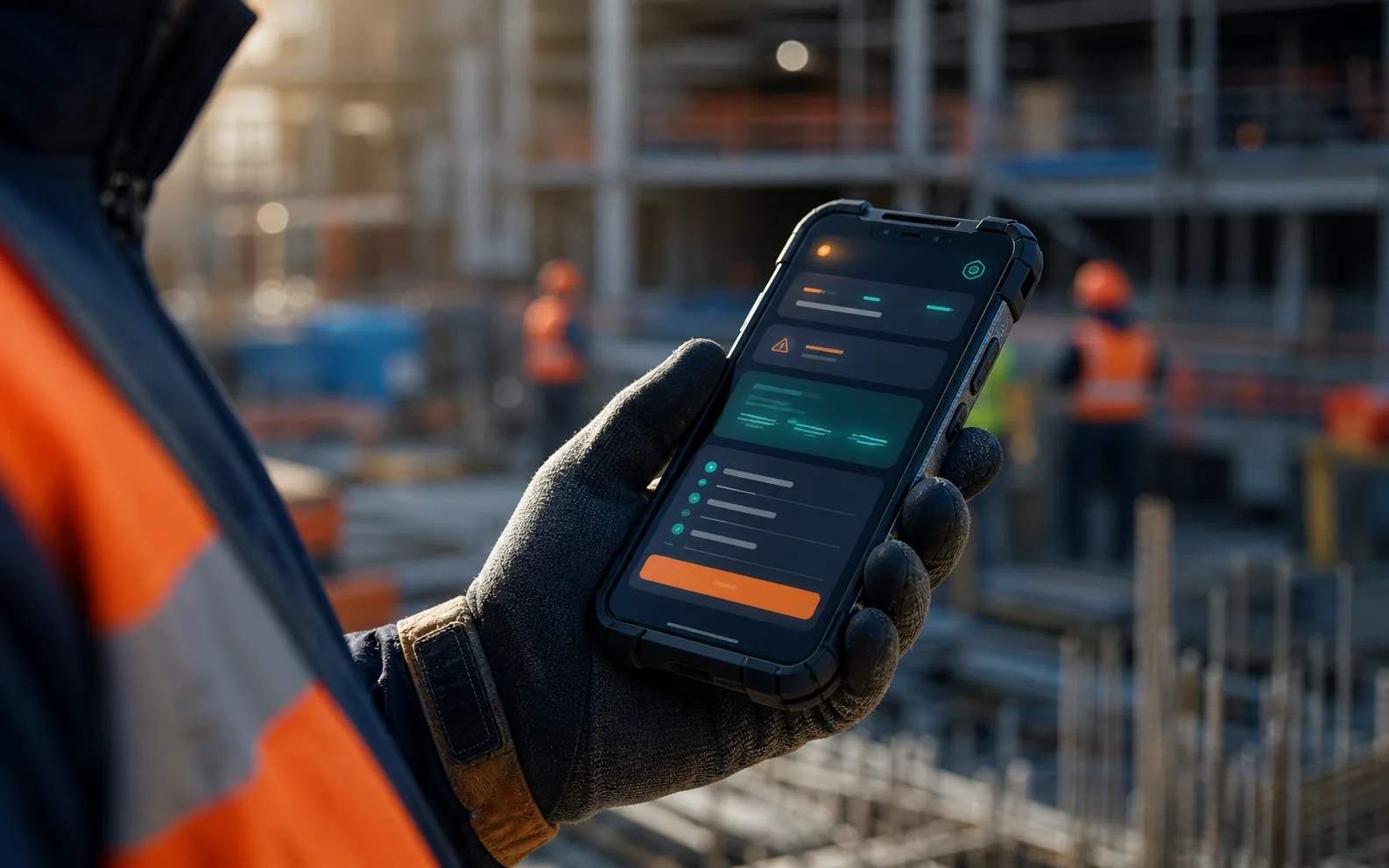 Rugged phone showing guidance in a construction worker's gloved hand