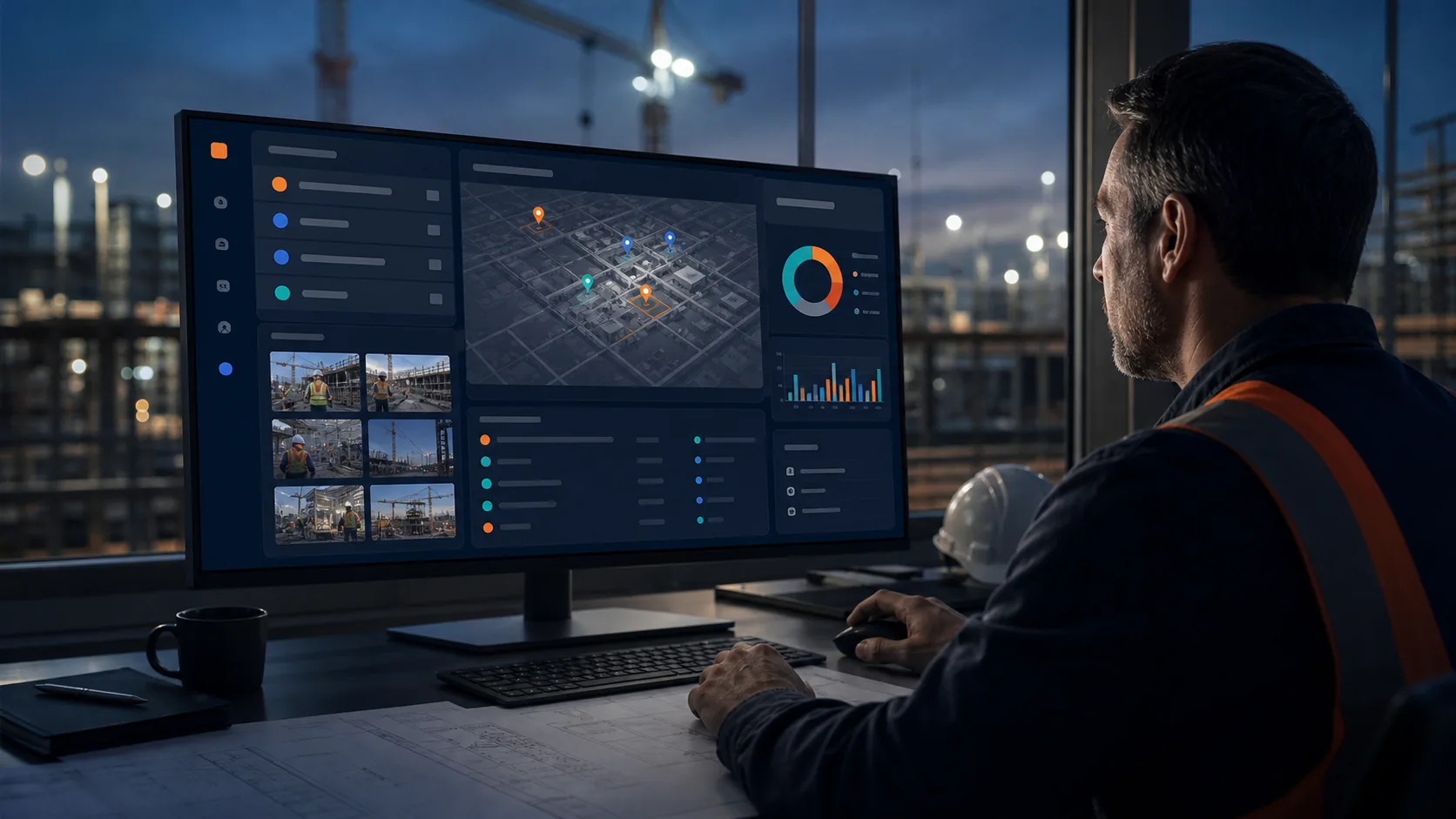 Supervisor reviewing a live operational dashboard in a site office