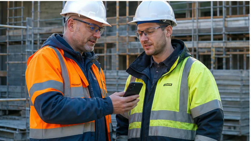 Construction workers reviewing a resolved safety issue on a phone